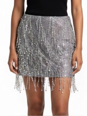 Pretty Little Thing Silver Sequin Tassel Mesh Micro Mini Skirt Size 12 Party